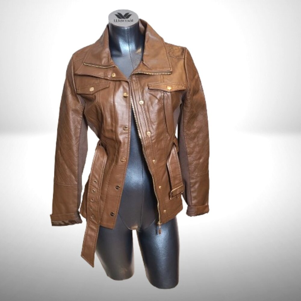 GUESS Los Angeles Brown Belted Faux-Leather Moto Jacket – Size M - Picture 2 of 9